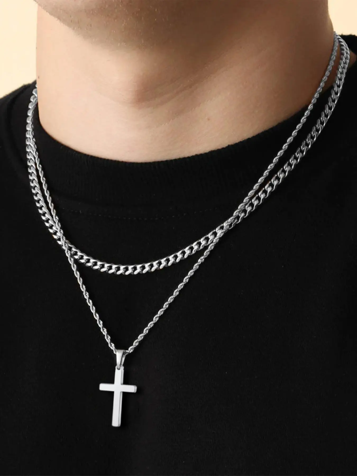 Men's Simple Style Plain Color Cross Pendant Necklace (2counts) Cross Necklaces Twist Chain Stainless Steel Jewelry for Party, Daily Clothing Decor, Trendy All-match & Exquisite Jewelry for Birthday Gift Fashion Necklace Casual Style Necklaces