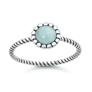 Round Larimar Stone with Scalloped Edge Ring - Oxidized 925 Sterling Silver