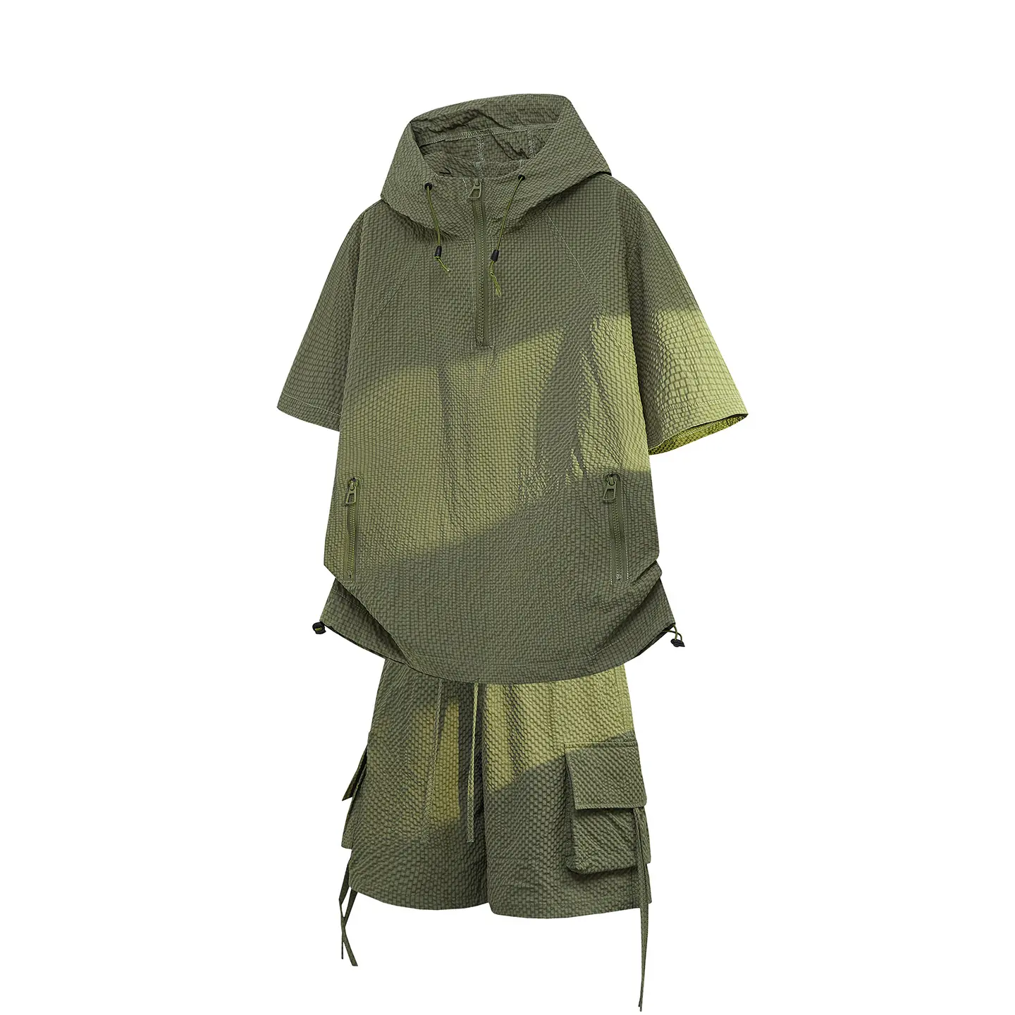 Men's Half Zip Hooded Short Sleeve Top & Cargo Shorts Two Piece Matching Outfit, Adjustable Hood Drawcords Side Pockets Hem Toggle Ties Loose Silhouette Functional Co-Ord Set For Outdoor Training Summer Daily Street Leisure # SummerWins