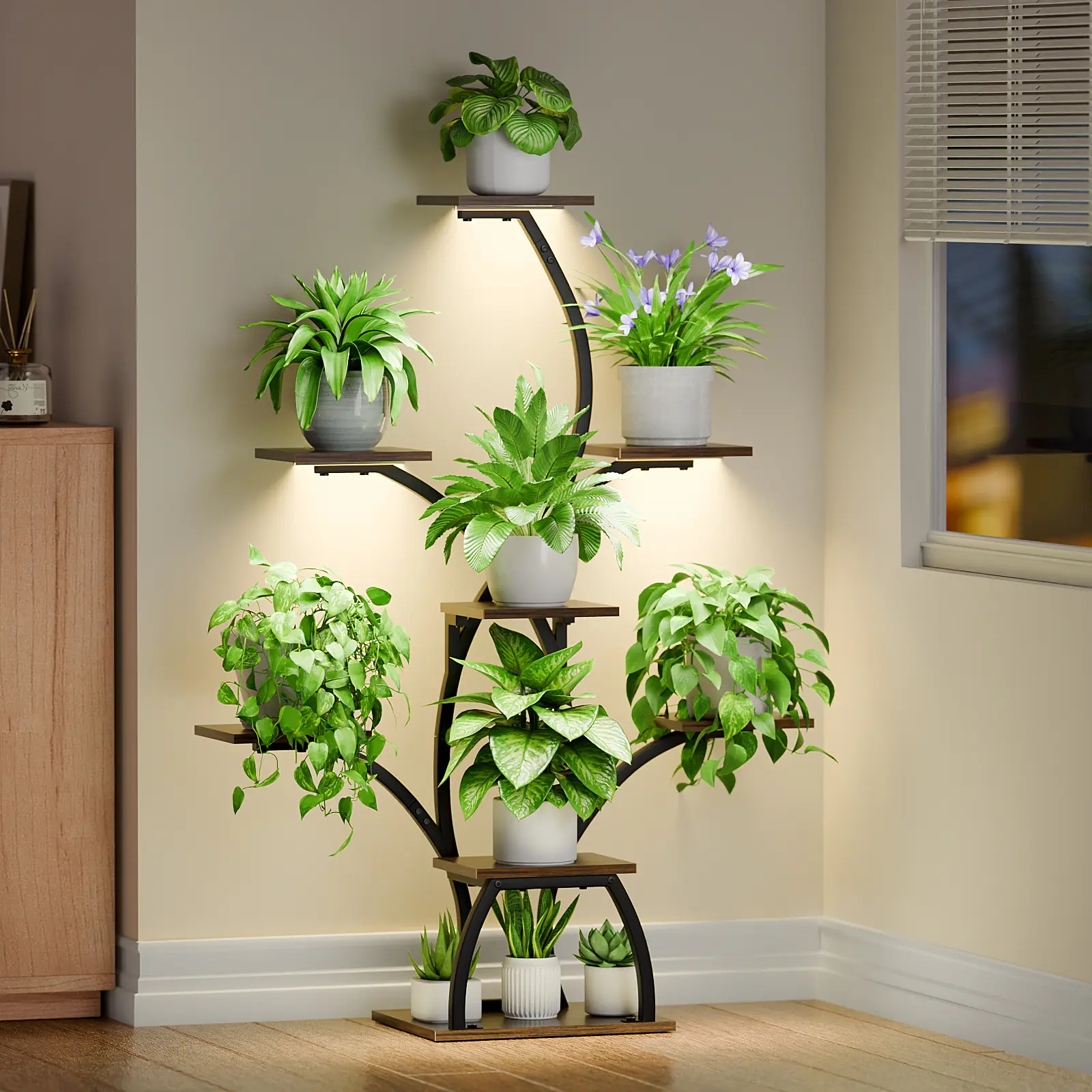 POZILAN Plant Stand Indoor with Grow Lights, 6 Tiered Plant Shelf Indoor, 50" Corner Plant Stands for Indoor Plants, Lighted Tree-Shaped Plant Holder, Tall Flower Display Rack for Living Room, Patio（Black)  Decorative Home