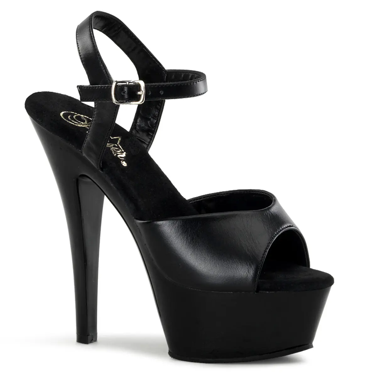 Pleaser Kiss-209 Women's Fashion Dressy Heeled Sandals, Black Leather Chic Design, 6in High Heel, 5-8cm Platform Sole, Peep Toe, Ankle Strap, Evening Footwear, Party Shoes, 6 Inch, Elegant
