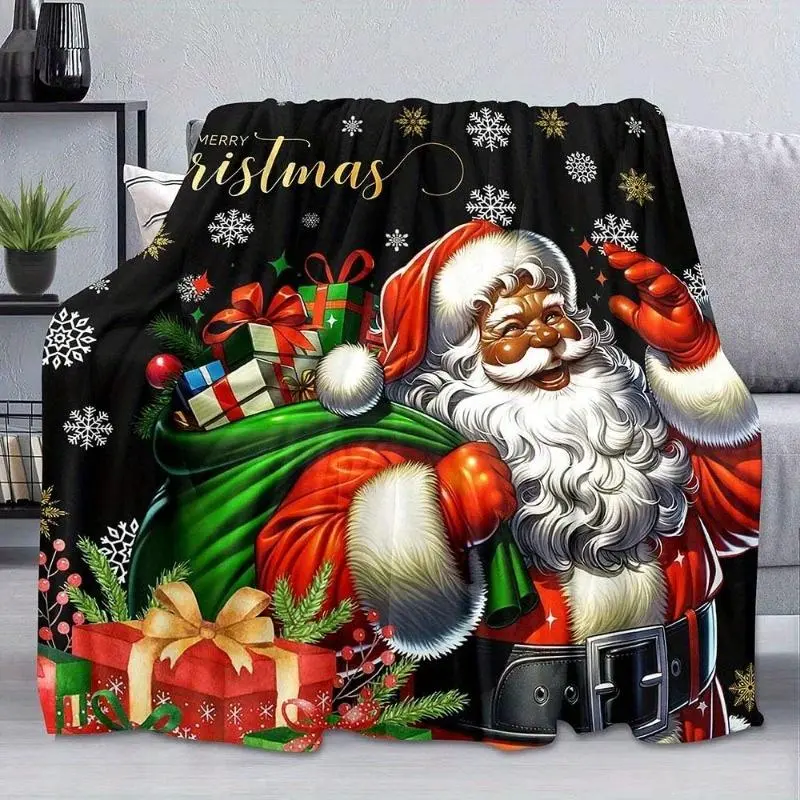 Black Santa Claus Blanket - African American Santa Claus with Snowflakes and Gift Print, Soft Plush Flannel Lightweight Warm All-Season comfort wrap,  Christmas Bed Sheet or Sofa Cover, Machine Washable Holiday Decoration, Suitable for Modern Home, Thin