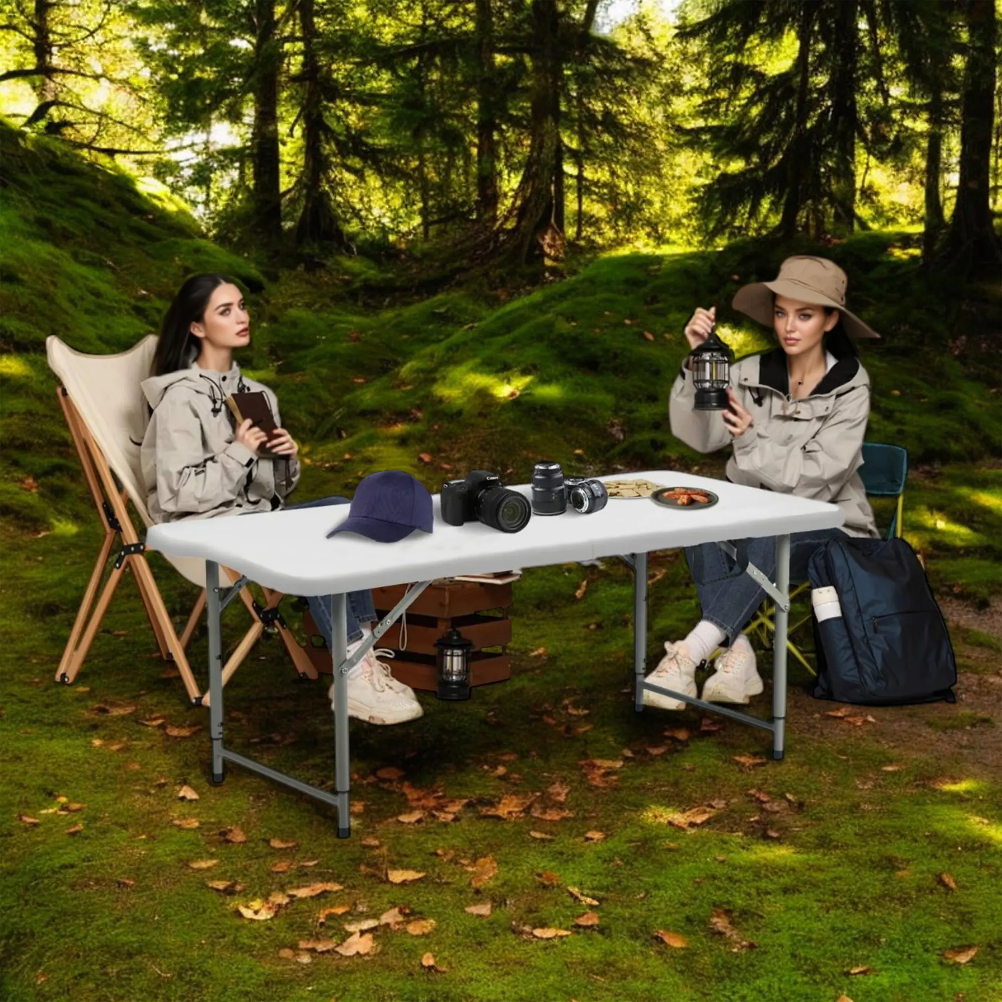 Homy Casa Loula Adjustable Outdoor Folding Table – 3 Height Levels (19.3"/24"/29"), 4ft Heavy-Duty HDPE White Top with Steel Frame – Portable, Waterproof, Easy Setup for Camping, Backyard, BBQ & Events