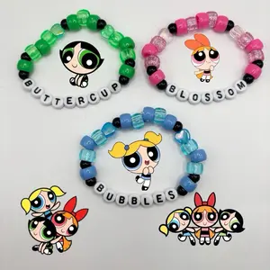 Power Puff Girls Kandi Beaded Bracelets Bundle - Blossom Buttercup Bubbles Rave Concert