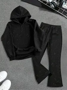 2pcs Men'S Hooded Sweatshirt And Bell Bottom Pants Set, Dark Street Style Plain Pullover Sweatshirt, Starry Sky Dyeing Process Design, Kangaroo Pocket, Suitable For Daily Vacation Outdoor Wear, Fall Outfits & Winter Outfits
