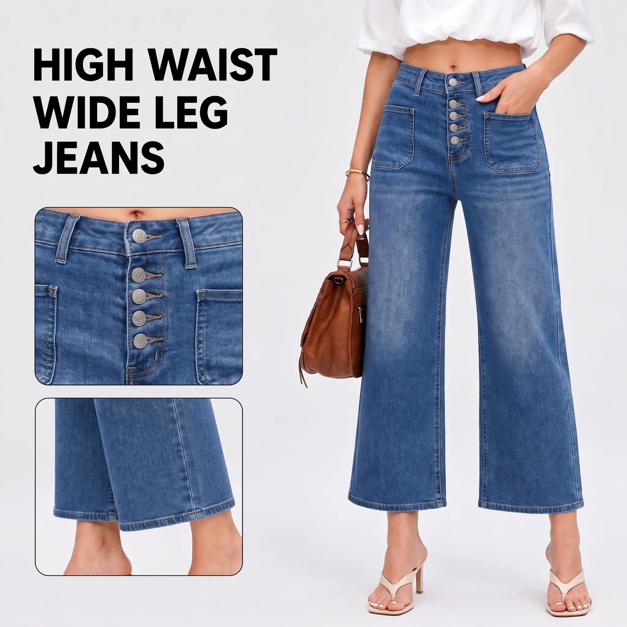 JRH Vintage Blue Wash Capri Pants Women Stretch Straight-Leg Loose Fit High Rise Jean Comfortable Slimming Starched Button Comfortable Jeans Regular Size