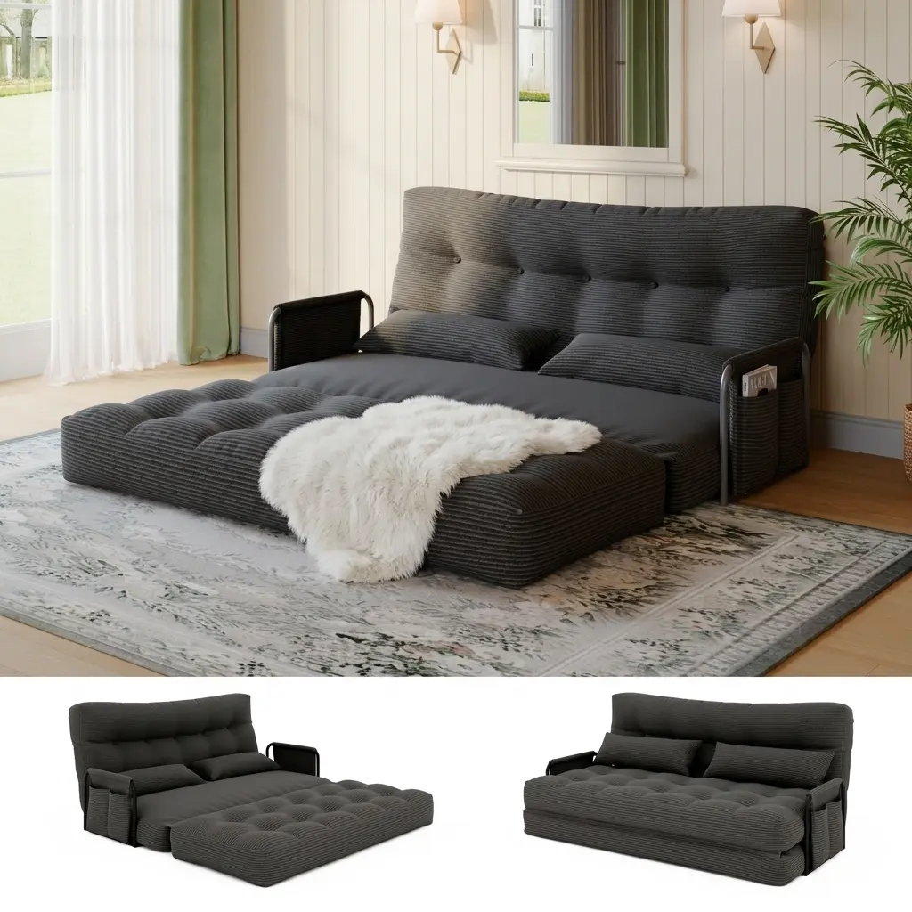 Kullavik 5-in-1 Convertible Sleeper Sofa Bed - Corduroy Futon Couch, Modern Convertible Sofa, Living Room Furniture with 2 Pillows, Washable Cover, No Assembly
