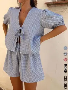 Two-Piece Set Women's Gingham Print Tie Front Shirt & Shorts Set, Blouse Shorts Set, Casual Short Sleeve Top & Shorts for Summer, Ladies Clothes for Daily Wear, Summer Outfits Set