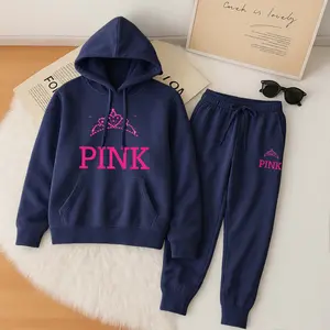 Women's Crown Pink Cartoon Print Hoodie And Drawstring Track Pants Set, Casual Sportswear, Long-Sleeved Hooded Jacket And Pants, Suitable For Autumn And Winter, Everyday Wear, Indoor And Outdoor Sportswear, Casual Sportswear.