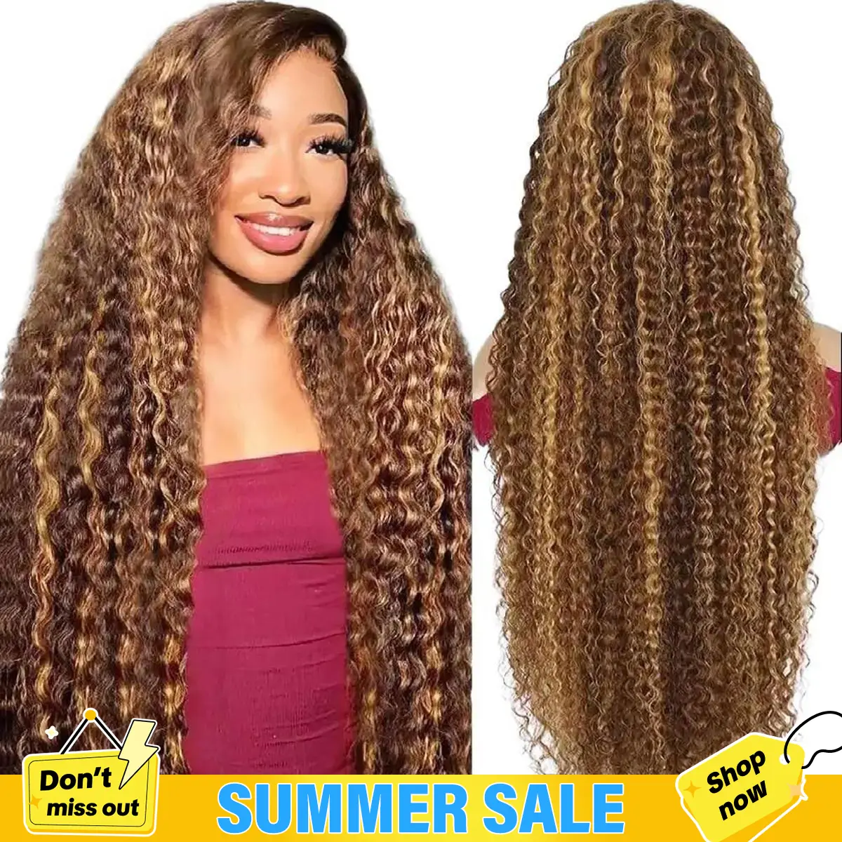 BGMgirl Highlight Brown Kinky Curly Deep Wave 6*4 Wear Go Water Wave 180% Density Kinky Straight Glueless Pre Plucked Pre Cut Lace Closure Human Hair Colored Wig Summer Vacation Style summer outfits back to school, Deep Wave Wig, Glueless Wigs