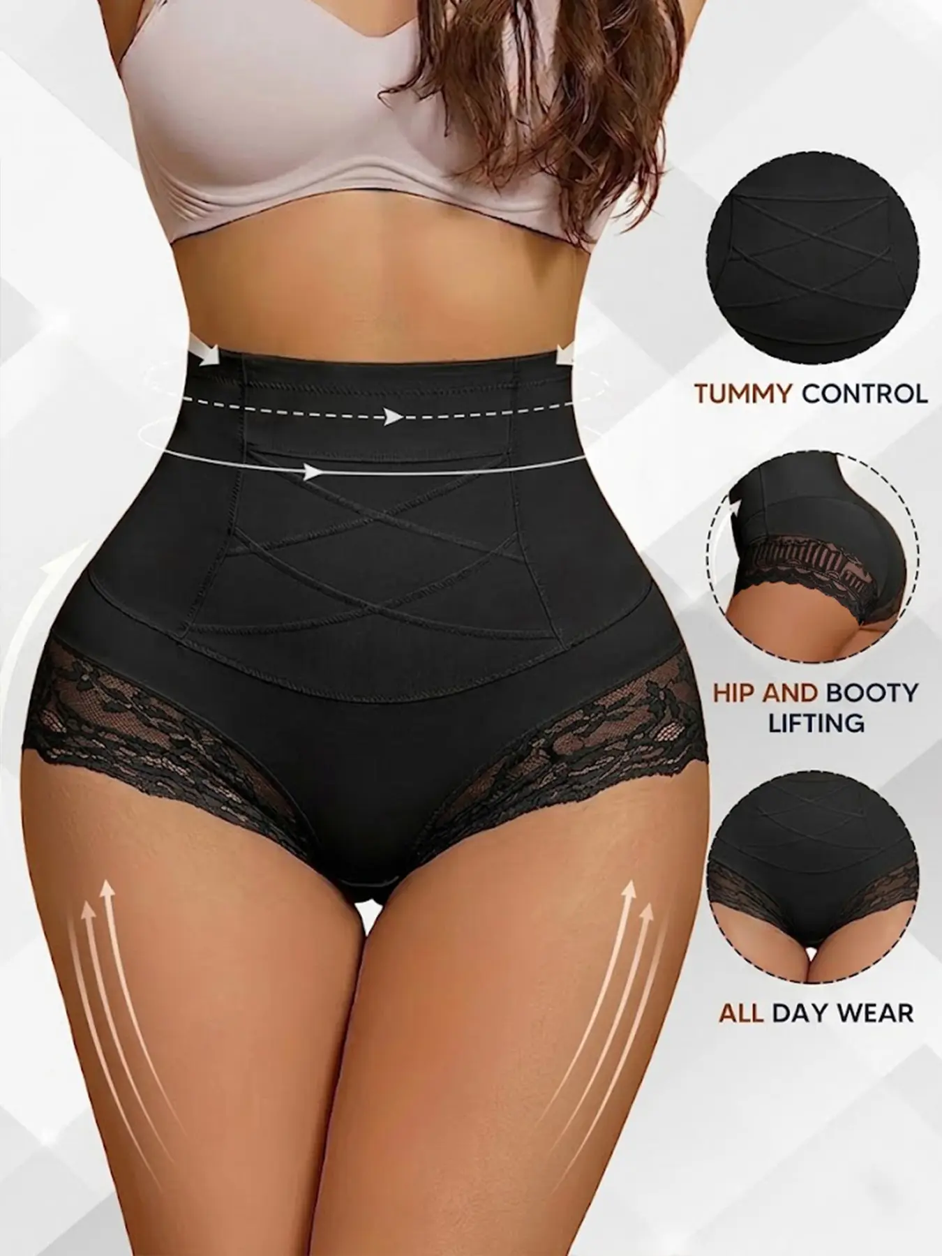 Women's high-rise panties, lace bottoms, sexy, cross-shaped, solid color, shapewear panties, leggings, suitable for daily sports outdoor