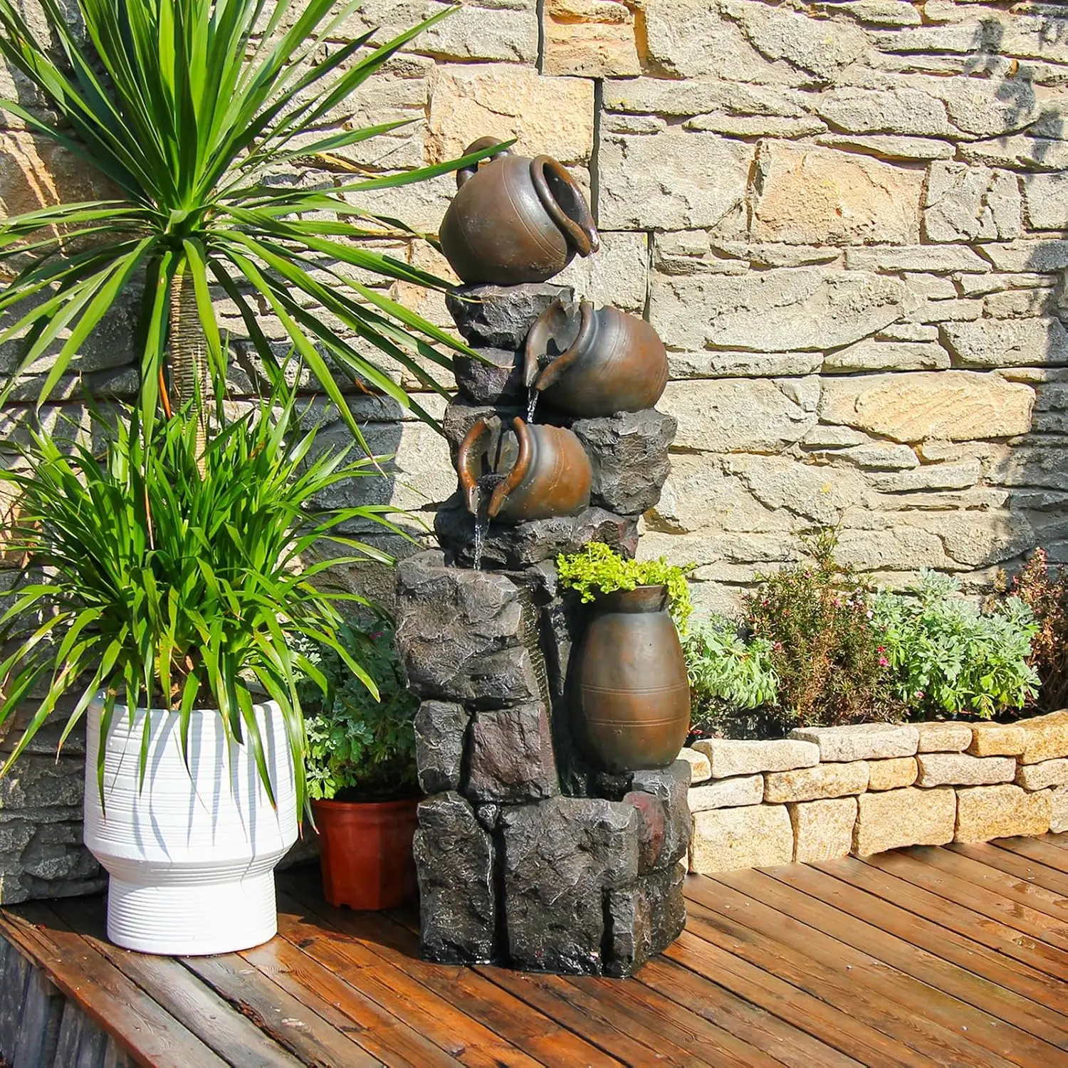 5-Tiered Indoor & Outdoor Cascading Waterfall Fountain with Planter Pot & LED Lights – Decorative Water Feature for Garden