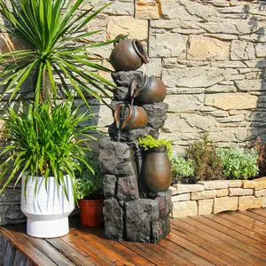 5-Tiered Indoor & Outdoor Cascading Waterfall Fountain with Planter Pot & LED Lights – Decorative Water Feature for Garden