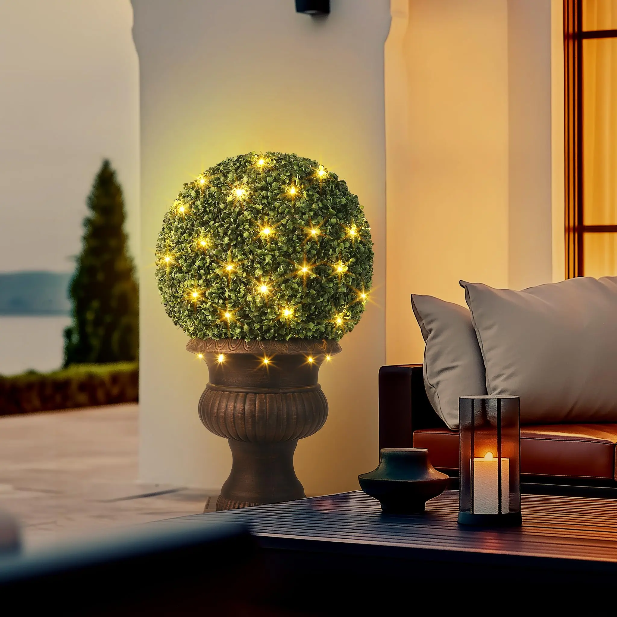 Set of 2 Pre-Lit Artificial Boxwood Topiary Balls with Pot, 20 Inch Realistic Faux Plants Built-in 50 LED Lights, 8 Lighting Modes with Remote Control, UV Resistant Fake Greenery for Indoor Outdoor Home Wedding Christmas Decor, Indoor Decorative Light, Le