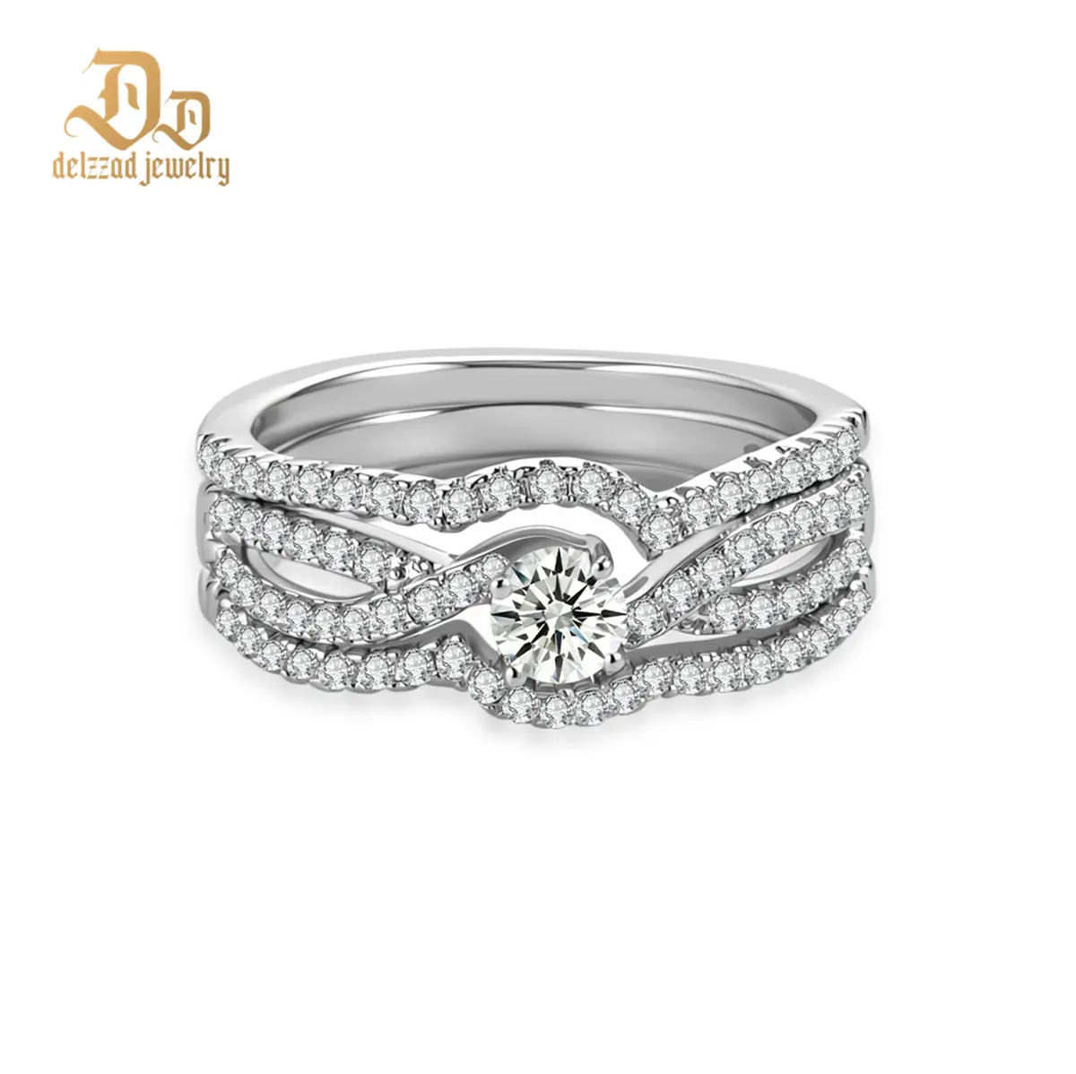 Delzzad 14K Gold-Plated 0.9ct The River of Destiny Ring Bridal Wedding Engagement Ring Band VVS Synthetic Moissanite Ring Jewelry Copper Band Perfect Birthday Engagement Wedding Anniversary Christmas Valentine's Day Mother's Day Gift