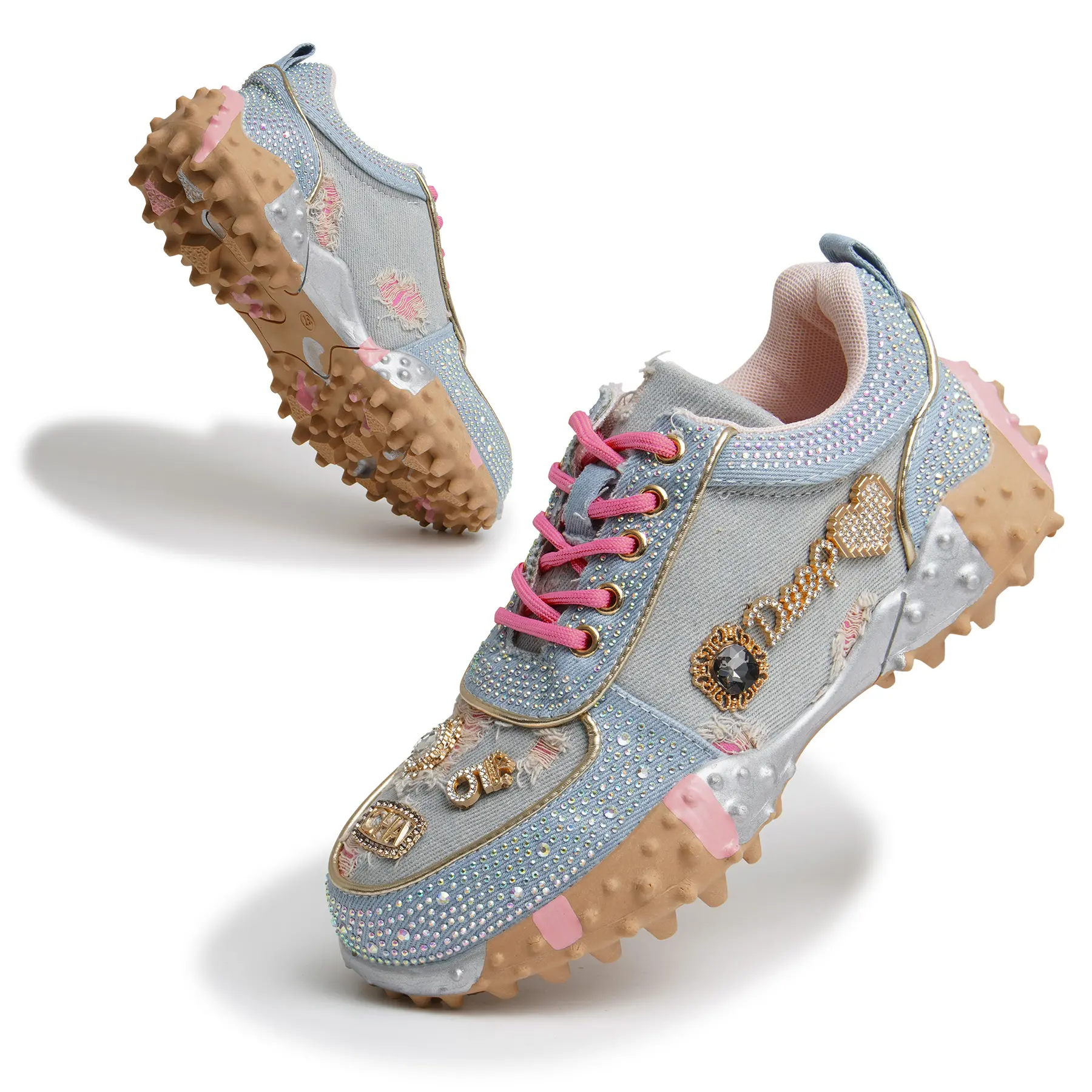 Fashion Rhinestone Sneakers Women's Casual Outdoor Walking Shoes Round-Toe Lace-Up Sneakers