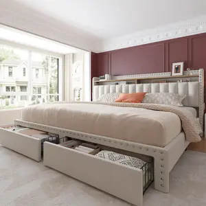RaybeeFurniture Bed frame for Queen Bed Frame with Headboard&Storage,NO MATTRESS,  Luxury Upholstered Bed Frame with Storage, 2 Drawers & Shelf on Headboard, NO Noise, KING, FULL, Twin, Mother's Day Gifts