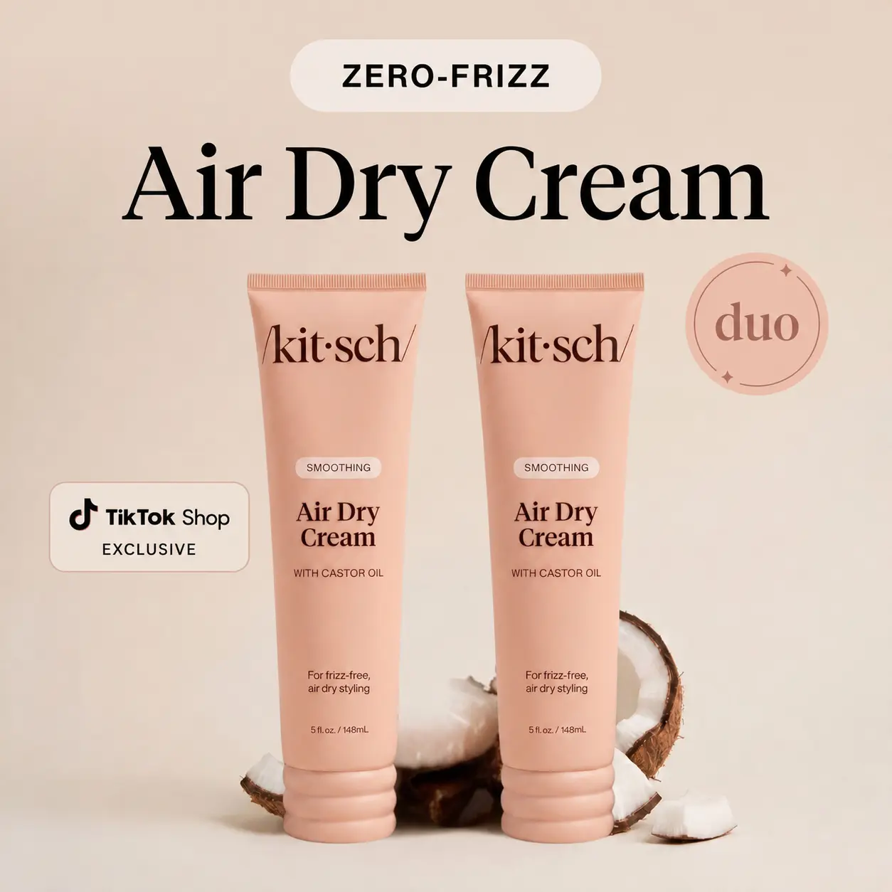 Zero-Frizz Air Dry Cream DUO - Kitsch Smoothing Styling Cream with Castor Oil - 24-Hour Frizz Control - For Natural Textures