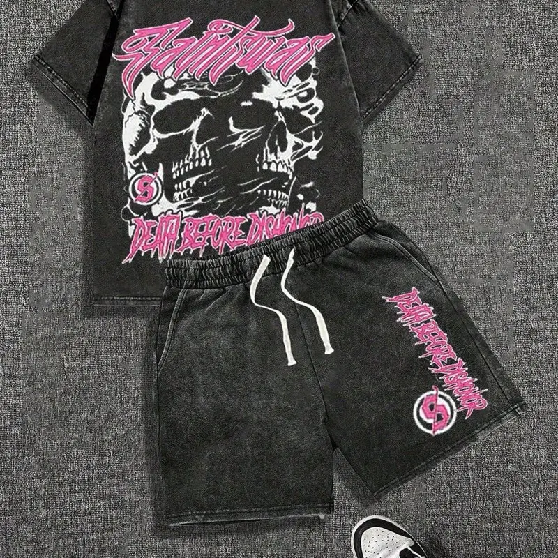 Vintage Skull Graphic Tee & Shorts Set for Men – Washed Cotton Streetwear Outfit