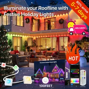 GLITGATE Permanent Eaves Light RGBIC Outdoor Lighting with IP67 Waterproof, DIY Scene Modes Outdoor Light On House Roofs,Smart Dual Control via Remote & App 50/100 Feet Long for Festivals & Daily Decor,Garden Decor,House,Party