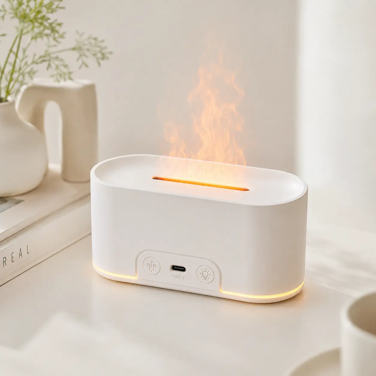 Mini Flame Humidifier with RGB Ambient Light, USB-C Powered Cool Mist Humidifier for Bedroom, Office & Desk, Compact Portable Design