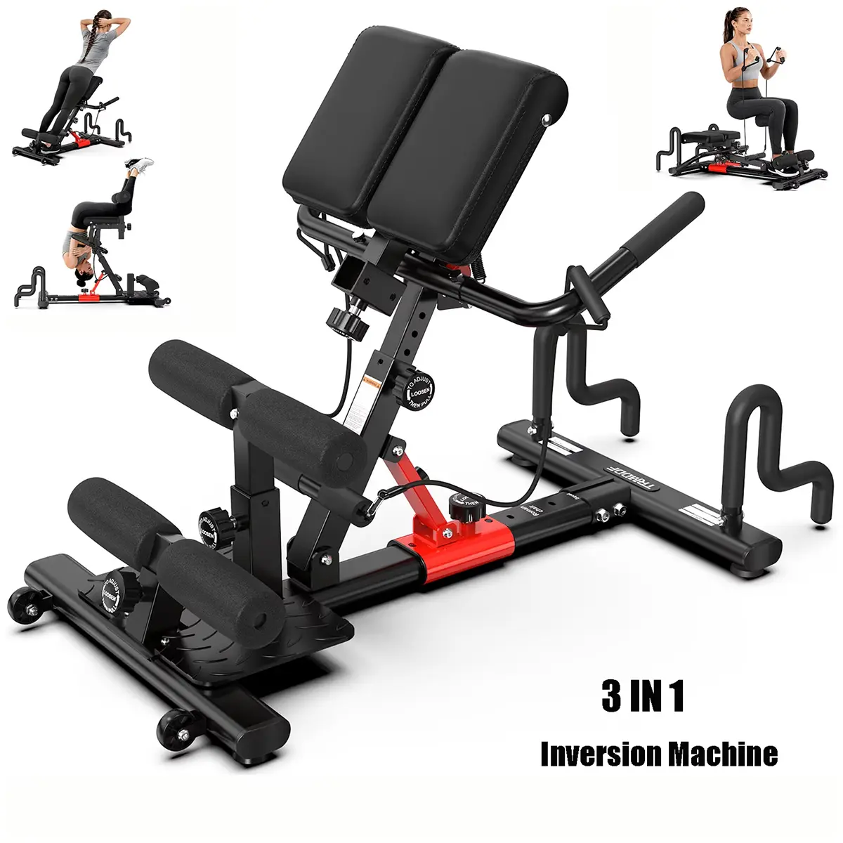 Pooboo 3-in-1 Adjustable Gravity Inversion Machine - Back Stretching Back Stretcher, Compact Station Roman Chair with Foam Cushion for Core Workouts, Home Strength Training Equipment