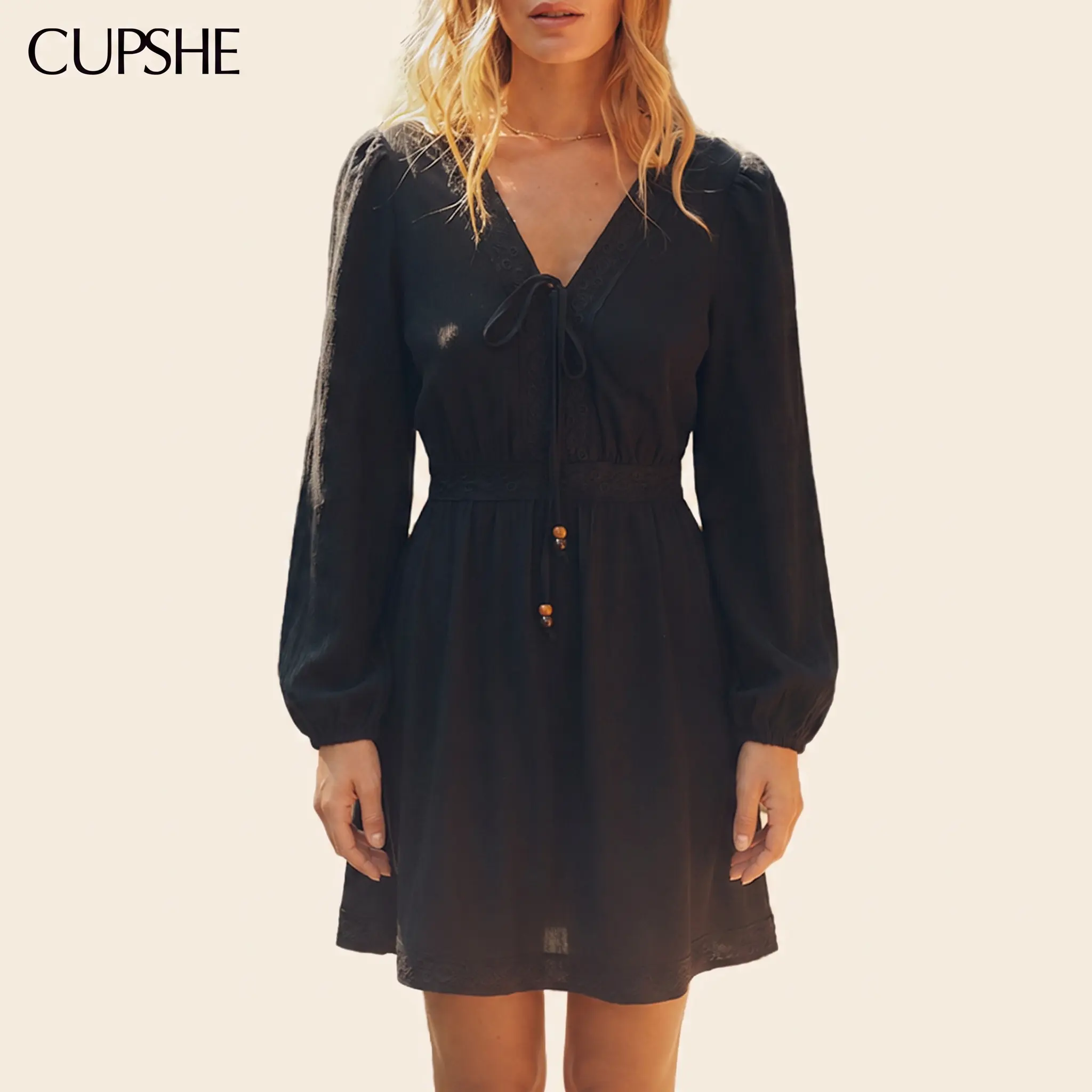 CUPSHE Women's Dream Come True Mini Dress, V-Neck Tie Front Puff Sleeve Dress, A Line Short Dress with Lace Trim Detail, Elegant Casual Fall Dress, Boho Vacation Resort Wear, Holiday Weekend Style Womenswear#tiktokshopbacktoschool