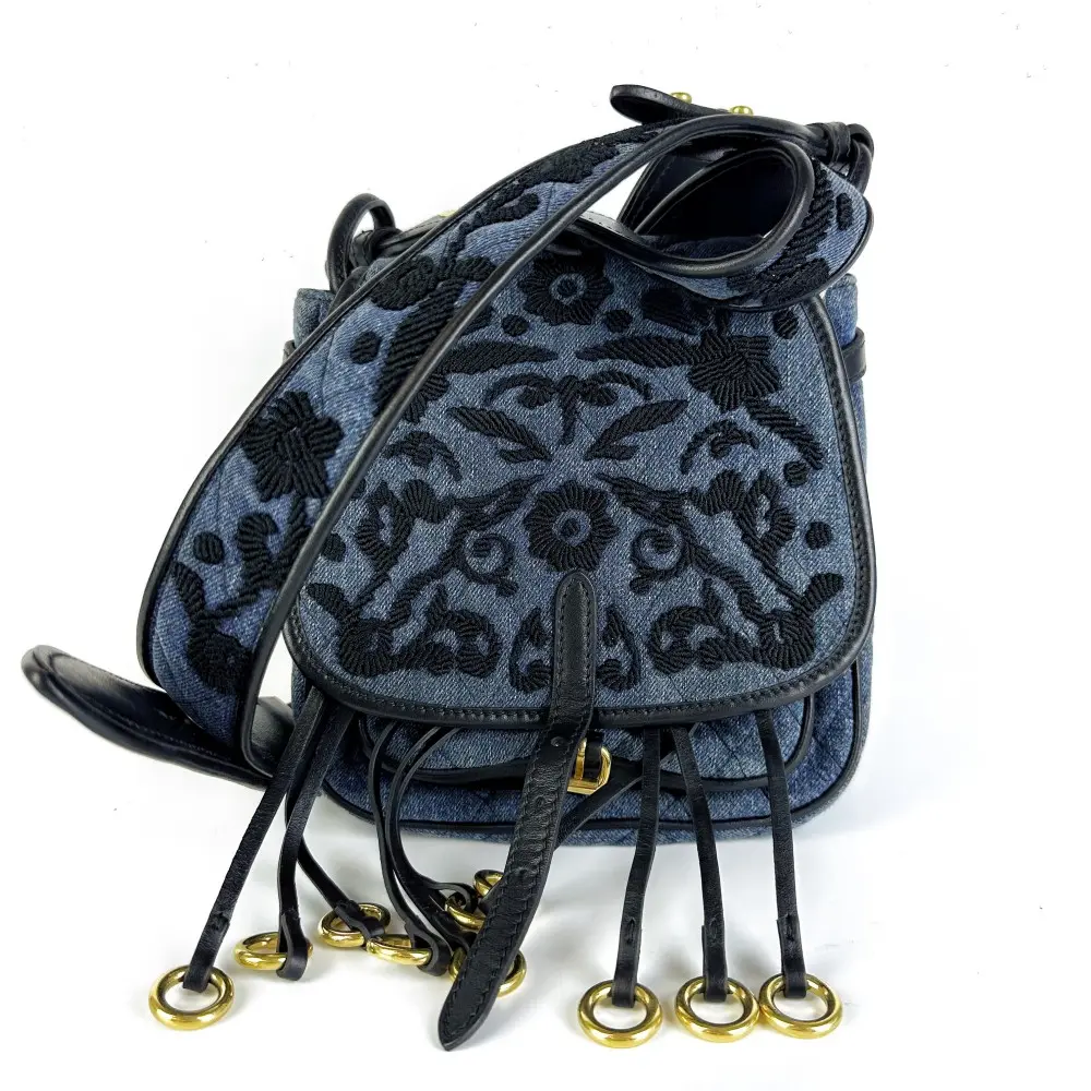 Pre-owned PRADA Corsaire Denim Saddle Messenger Bag Adjustable Strap, Floral Print, Retro Look, Casual Wear Compatible