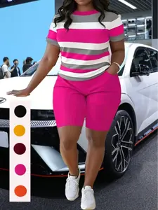 Plus Size Casual Shorts Set Color Block Crew Neck Short Sleeve Top & Solid Color Pocket Shorts Outfits For Spring & Summer 2 Piece Sets For Women Summer Striped Outfits Round Neck Track Suits Sweatsuits Women's Plus Size Clothing For Party