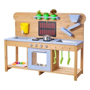 VEVOR Mud Kitchen, Outdoor Mud Kitchen for Kids, Wood Outdoor Play Kitchens with Stoves, Hooks, Double Sinks, Planting Shovels, Spatulas, Cookware Pots and Accessories, Play with Water and Sand