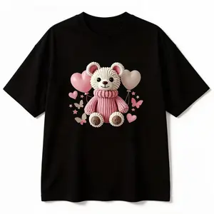 Women's Soft T-Shirt with Adorable Teddy Bear & Balloon Print – Short Sleeve, Casual Round Neck Top, Lightweight  for Casual Attire, Casual Daily Wear |   Girly Casual Style |   Comfortable Fit