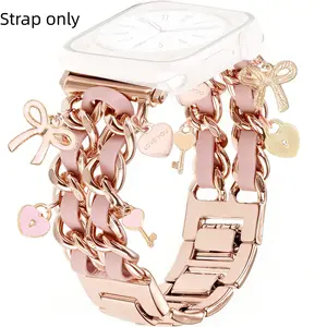 1PC metal double chain leather rope Apple Watch bands, Watch straps, Smart watch accessories, compatible with Apple Watch 38/40/41/42/44/45/46/49mm, suitable for Apple Watch series Ultra/SE/9/8/7/6/5/4/3 (strap only, watch and case not included