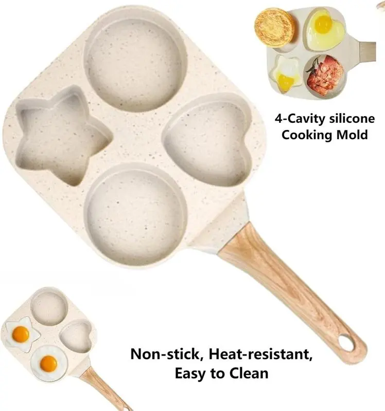 Egg Frying Pan 4 Cup Heart Shape,4 Hole Nonstick Breakfast Skillet & Pancake Pan with Wooden Handle,Multi Section Omelet Maker for Eggs,Pancakes,Burgers,Toast & Sandwiches, Easy Clean Family Breakfast Cookware for Kids,Moms & Summer Brunch