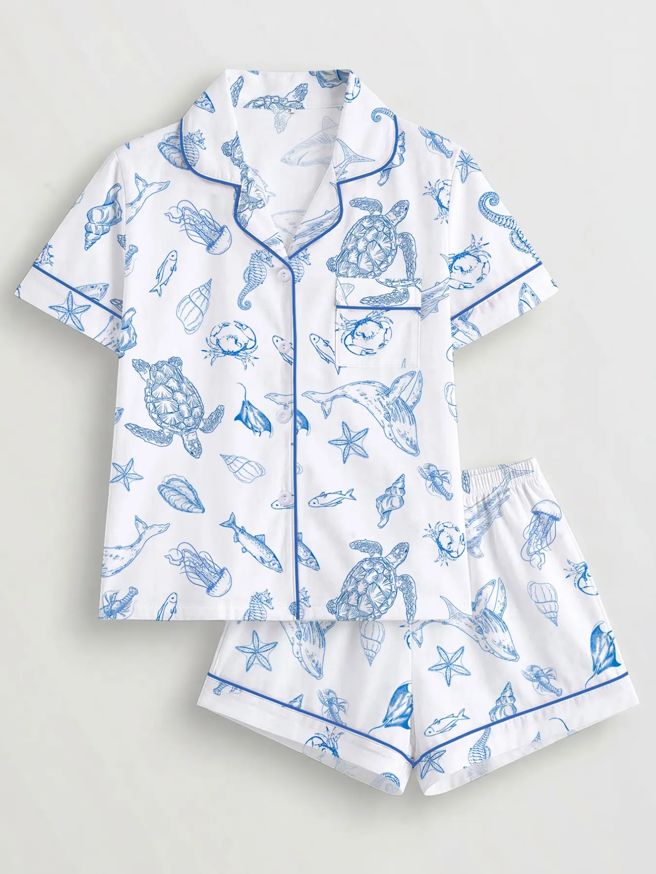 Women's 2-Piece Pajama Set, Ocean Shark Shell Whale Print, Fitted Sleepwear, Comfortable Short Sleeve Top & Elastic Shorts, Perfect for Holidays, Everyday Loungewear, Casual Loungewear Sets, Pajamas