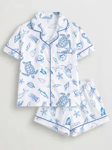 Women's 2-Piece Pajama Set, Ocean Shark Shell Whale Print, Casual Fitted Sleepwear, Comfortable Short Sleeve Top & Elastic Shorts, Perfect for Holidays, Loungewear