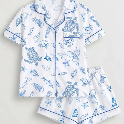 Women's 2-Piece Pajama Set, Ocean Shark Shell Whale Print, Fitted Sleepwear, Comfortable Short Sleeve Top & Elastic Shorts, Perfect for Holidays, Everyday Loungewear, Casual Loungewear Sets, Pajamas