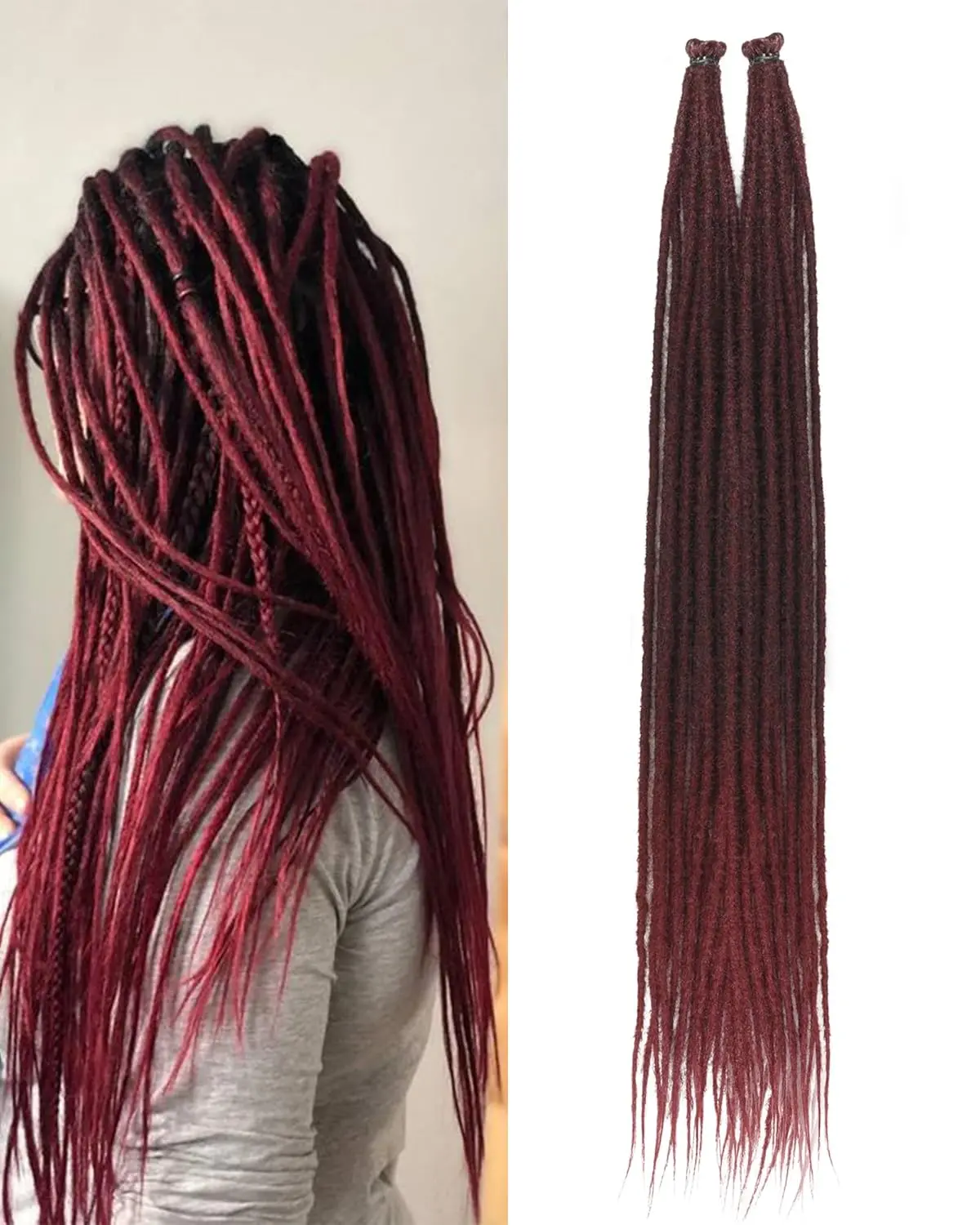24 Inch Dreadlock Extensions 0.6 cm Width 20 Strands-Ombre Burgundy Crochet Hair,Soft Hippie SE Dreads Synthetic Loc Extensions for Women and Men(24"-2 Packs,1B/)