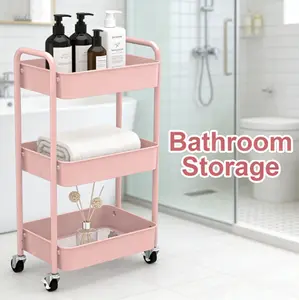 3-Tier Rolling Metal Storage Organizer - Mobile Utility Cart with Caster Wheels, Pink, Durable Powder-Coated Steel Frames, 4 Heavy-Duty Casters, 18.25"D x 11.75"W x 30.5"H blade stand cork holder