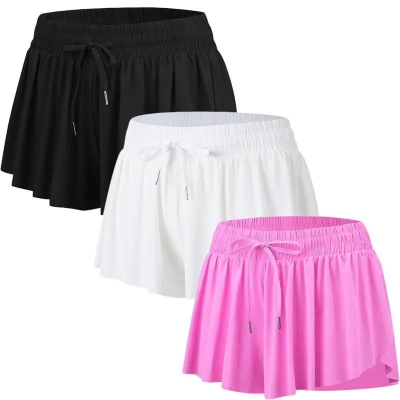 3 Pack Womens 2 in 1 Flowy Butterfly Running Shorts with Pockets Built in Spandex Liner, Lightweight, Quick-Dry, Breathable Fabric, High Waisted Fit with Adjustable Drawstring