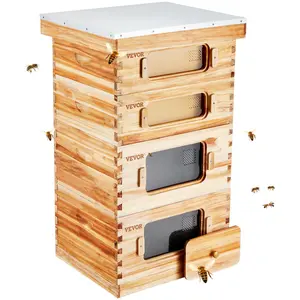 【fathersdaygift】VEVOR Bee Hive 40 Frame Bee Hives Starter Kit, Beeswax Coated Cedar Wood, 2 Deep + 2 Medium Bee Boxes Langstroth Beehive Kit, Transparent Acrylic Windows with Foundations for Beginners Pro Beekeepers