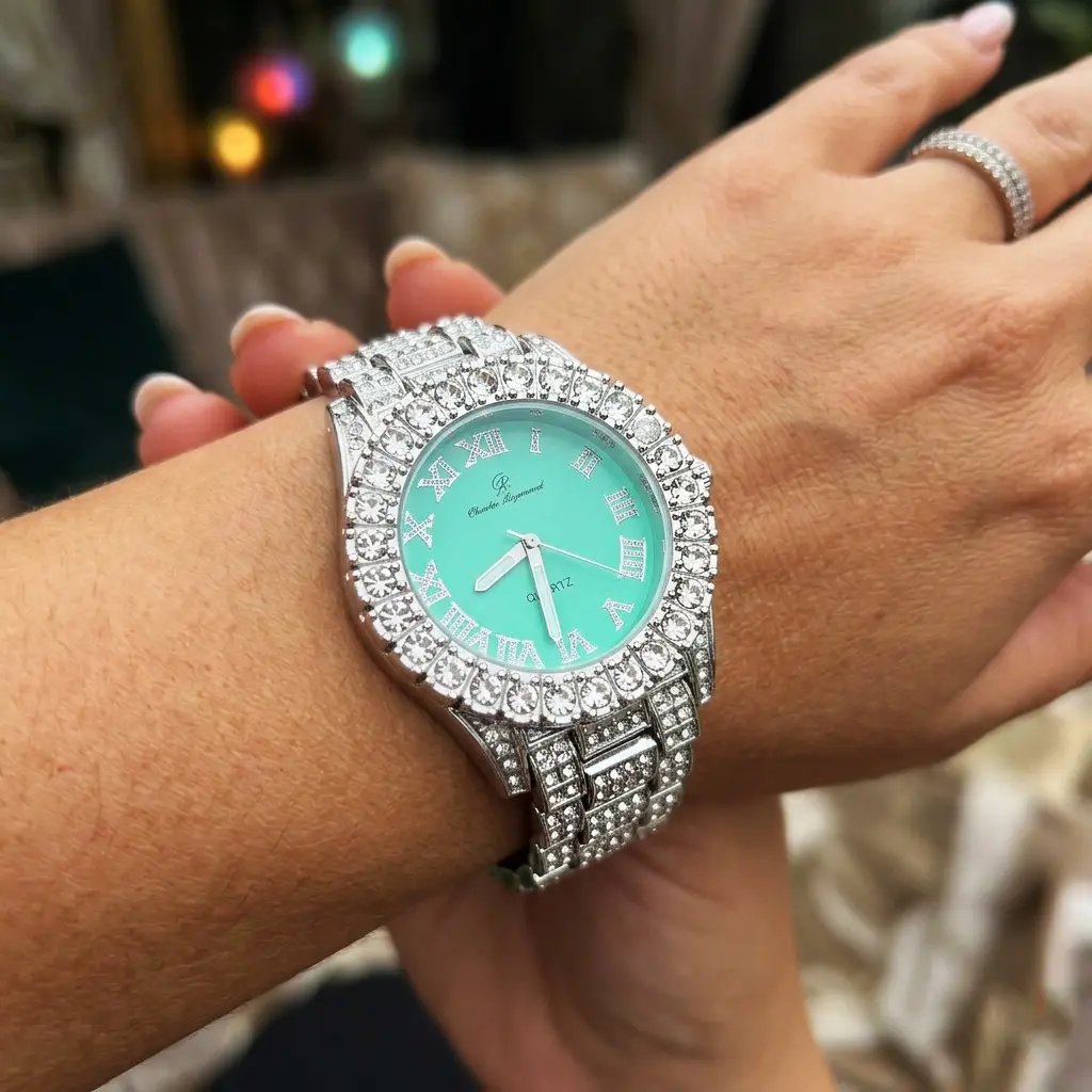 MaxBling81 Unisex Bling Quartz Watch - 38mm Elegant Hip Hop Style, Stainless Steel Iced Silver-Plated, Water-Resistant, Mint Dial & Band, Fashionable Jeweled Quartz Watch for Dress, Clubbing, Bling Quartz Watches, Fashionable Quartz Watches