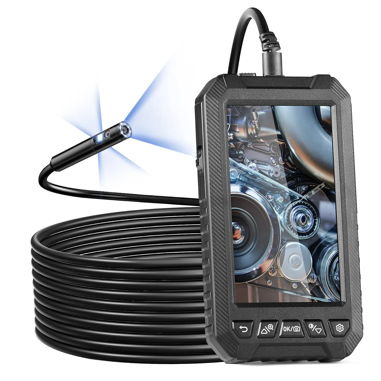 VEVOR Endoscope Camera with Light,  Triple Lens Industrial Borescope, 5" Screen 1080P Inspection Camera, 8 + 2 Lights, IP67 Waterproof Snake Camera for Automotive, Plumbing (16.4FT Cable, 32GB Card)
