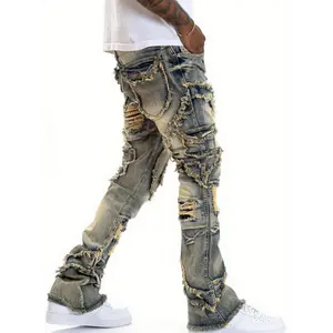 Mens Black Stacked Jeans Slim Fit Ripped Jeans Destroyed Straight Denim Pants Harajuku Hip Hop Trouser Streetwear Blue Cotton Menswear Casual