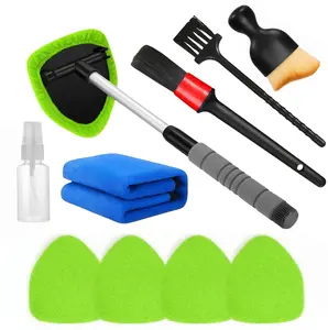 10pcs Car Glass Cleaning Tool Kit - Extendable Handle with Reusable Microfiber Pads & Spray Bottle  For Windshield & Window Cleaning