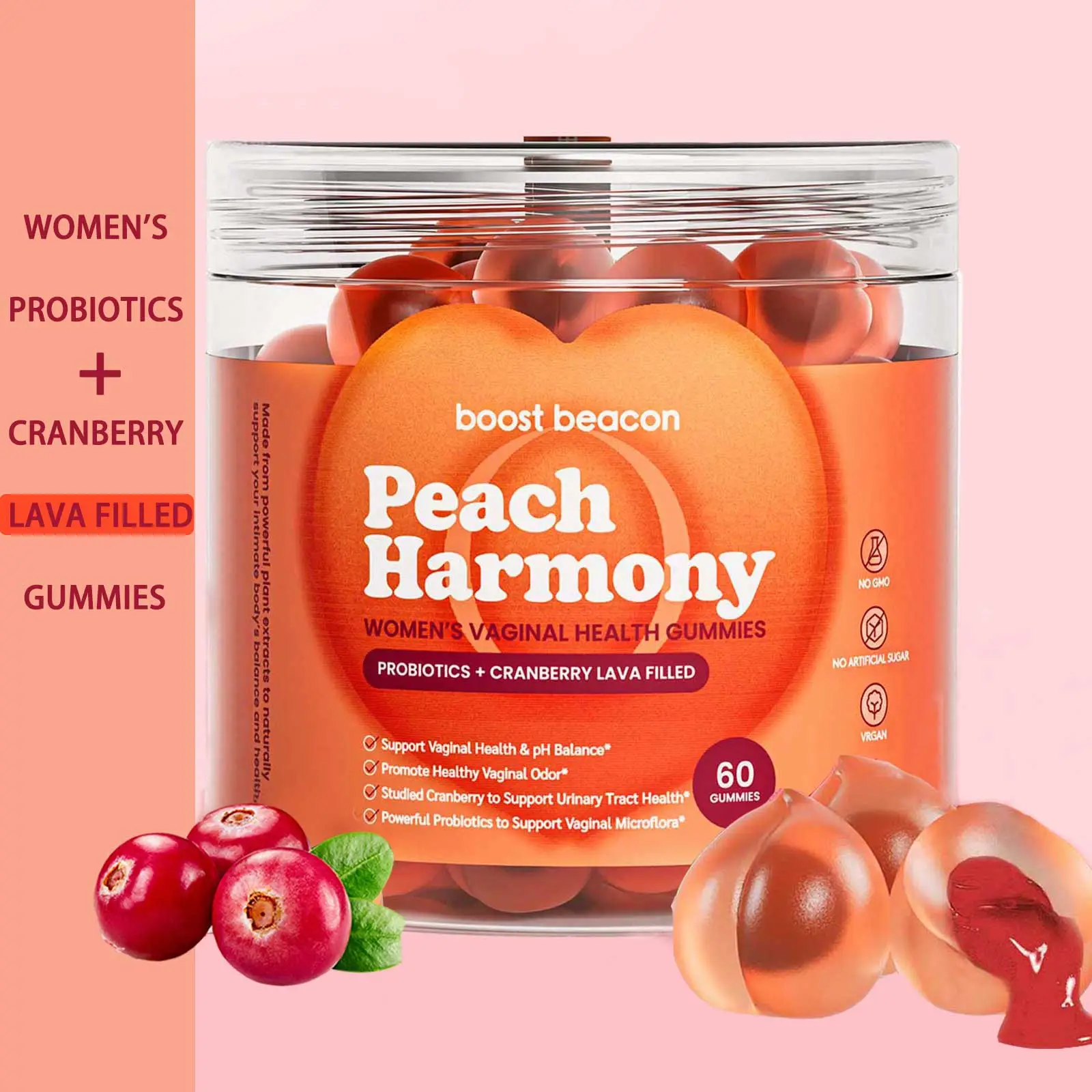 Boost Beacon Women's Probiotic Gummies for Feminine Health | Cranberry Gummies for pH Balance & UTI Prevention | Vitamin C | Hormonal Support | 60ct S