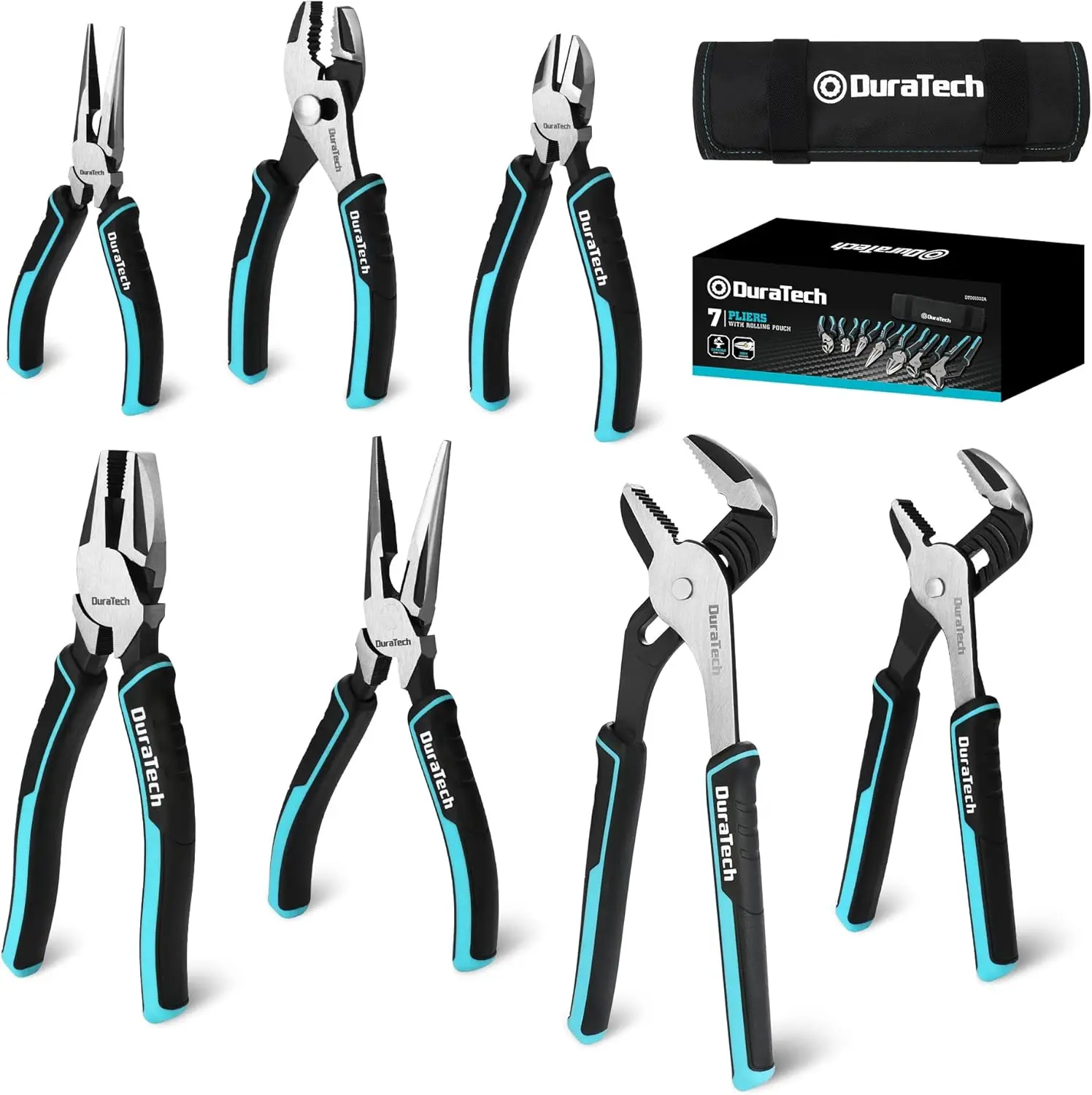 #backtoschool DURATECH 7-Piece Pliers Set with Rolling Pouch, Premium Cr-Ni Construction (10", 8" Groove Joint Pliers, 8", 6" Long Needle Nose, 8" Linesman, 6" Slip Joint, 6" Diagonal) for Basic Repair