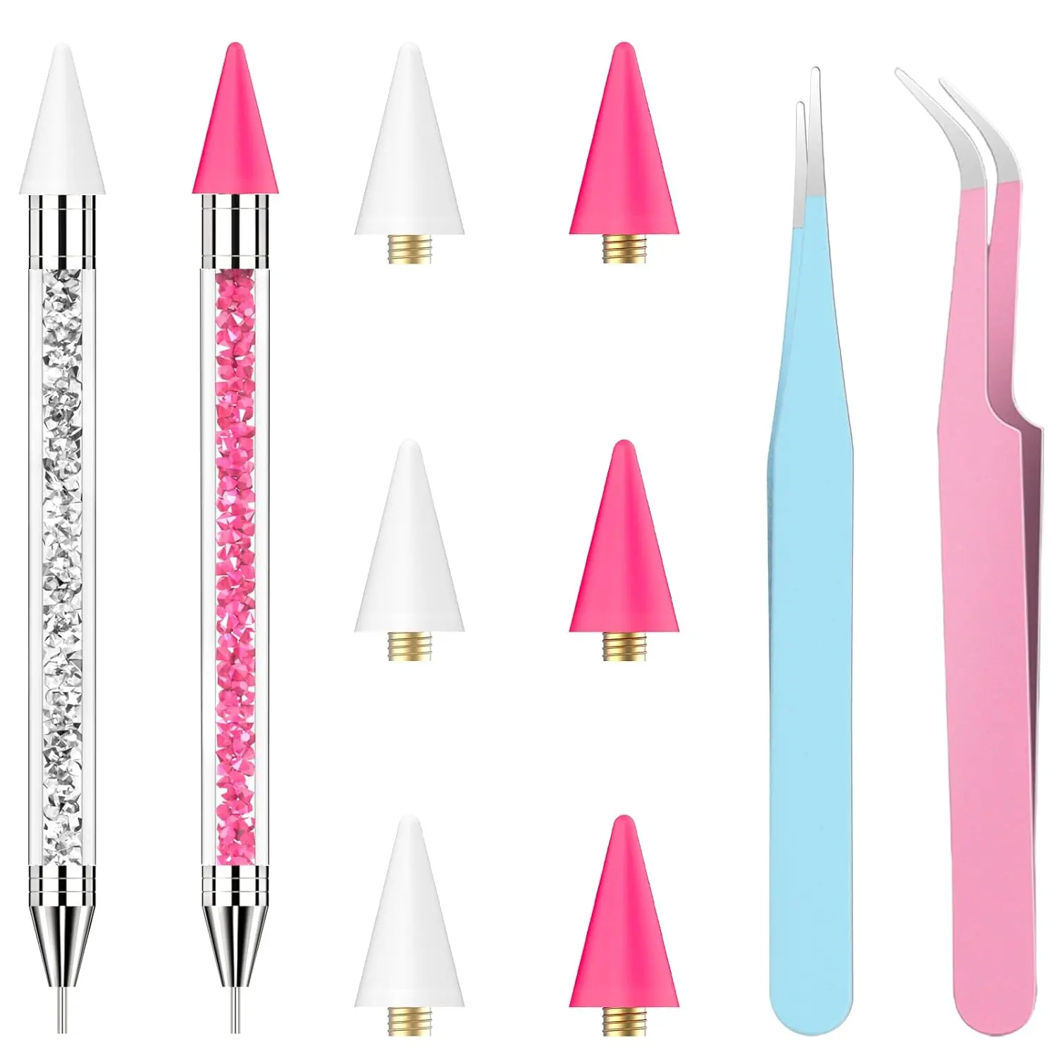 Rhinestone Picker Tool,2 Wax Pencil for Rhinestones, Dual-Ended Rhinestone Applicator Wax Pen Gem Picker Tool with 6 Extra Wax Tips and 2 Tweezers (Pink+White)