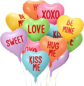 12 Pcs Valentine's Day Candy Heart Balloons 18 Inch Foil Balloons Heart Shaped Balloons XOXO Love Sweet Be Mine Kiss Me Balloons Valentine's Day Wedding (Colorful)