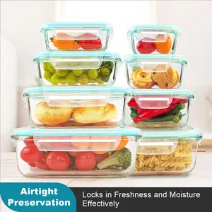 8 Pack Premium Glass Food Storage Containers, Stackable Airtight Square Containers with Lids, Oven/Microwave/Freezer Safe, Green Rectangle Fresh-Keeping Kitchen Organizers