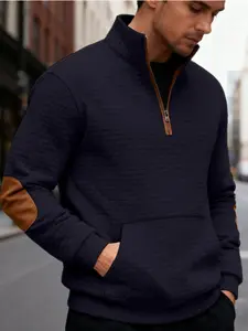 Men's Fall Winter Stand Collar Sweatshirt, Vintage American Style Casual Fashion, Half Zip Textured Design, Loose Fit Comfortable